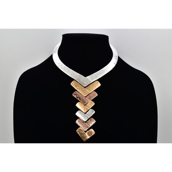 RLM SOHO NWT Statement Collar Necklace Mixed Metal Chevon Drop Signed BinBM - Picture 1 of 16